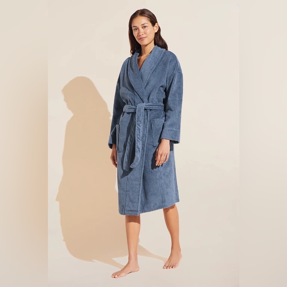 Eberjey Terry Gender Neutral‎ Robe Unisex XS/S Coastal Blue Cotton Belted Long - Picture 1 of 8